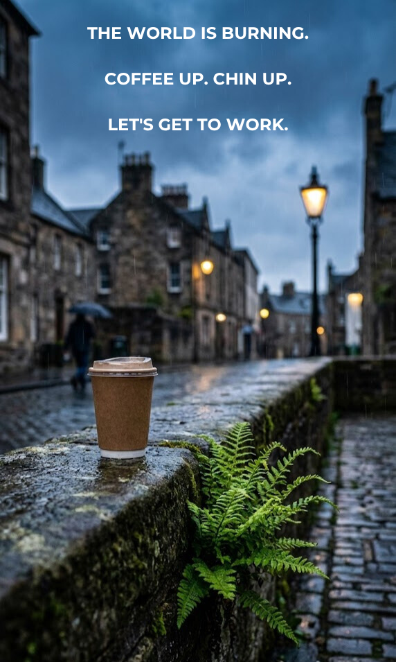 A moody, vertical photo of a wet, cobblestone street in Paisley at dawn. In the foreground, a takeaway coffee cup sits on a stone wall next to a bright green fern growing from a crack. Text overlay reads: "The World is Burning. Coffee Up. Chin Up. Let's Get to Work."