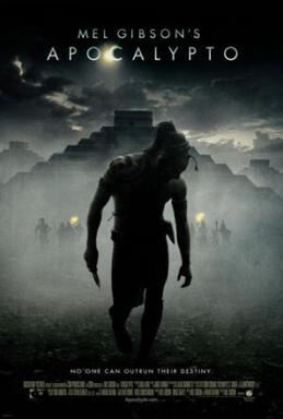 A dark and moody movie poster for Mel Gibson's Apocalypto. In the centre, a shirtless man with body paint and a ponytail runs towards the viewer, looking downwards. Behind him, a large Mayan stepped pyramid rises from a misty grey background, flanked by small silhouetted figures holding torches. The tagline at the bottom reads 'No one can outrun their destiny.'