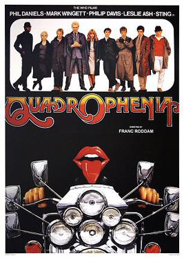 A poster for the film Quadrophenia. The top section features a line-up of the main cast members standing against a white background, dressed in 1960s Mod fashion including sharp suits and green parkas. The film title appears in the middle in stylised red and orange lettering. The bottom half shows the front of a scooter adorned with multiple mirrors and lights against a black background, with a graphic of red lips and a tongue floating above the handlebars.