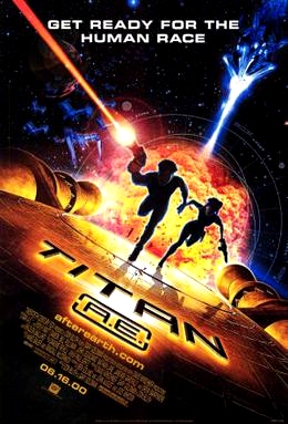 A dynamic poster for the animated sci-fi film Titan A.E. Two characters, a young man and a woman, are shown running across a metallic orange surface in outer space. Behind them, a large explosion erupts, crossed by red and blue energy beams from spaceships in the upper corner. The text at the top reads 'Get ready for the human race.'