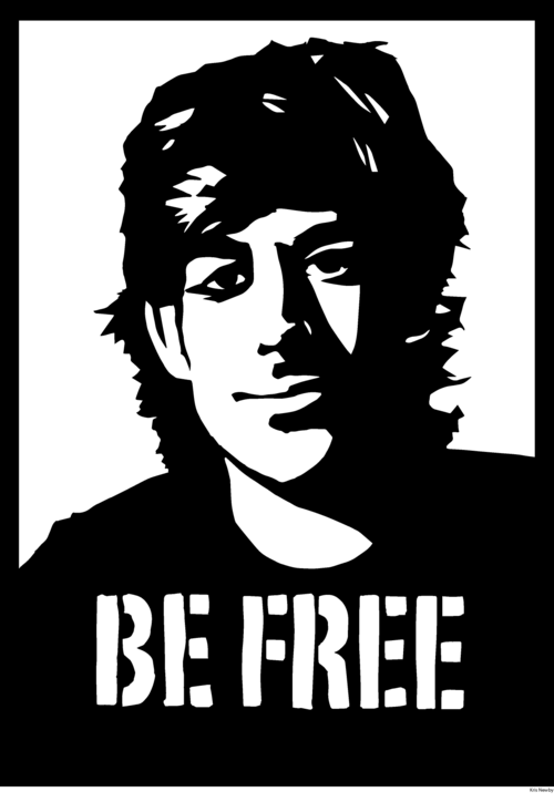 A high-contrast black and white stencil-style portrait of Aaron Swartz with the words "BE FREE" beneath it, by artist Kris Newby.