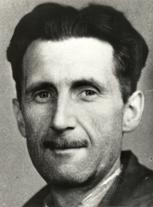 Black and white portrait photograph of George Orwell, taken in 1943 for his National Union of Journalists membership card.