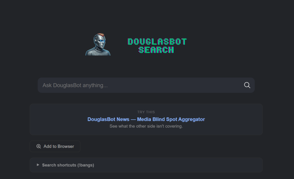 DouglasBot Search homepage showing a robot avatar, pixel-font logo in cyan and purple, and a search bar reading "Ask DouglasBot anything..."