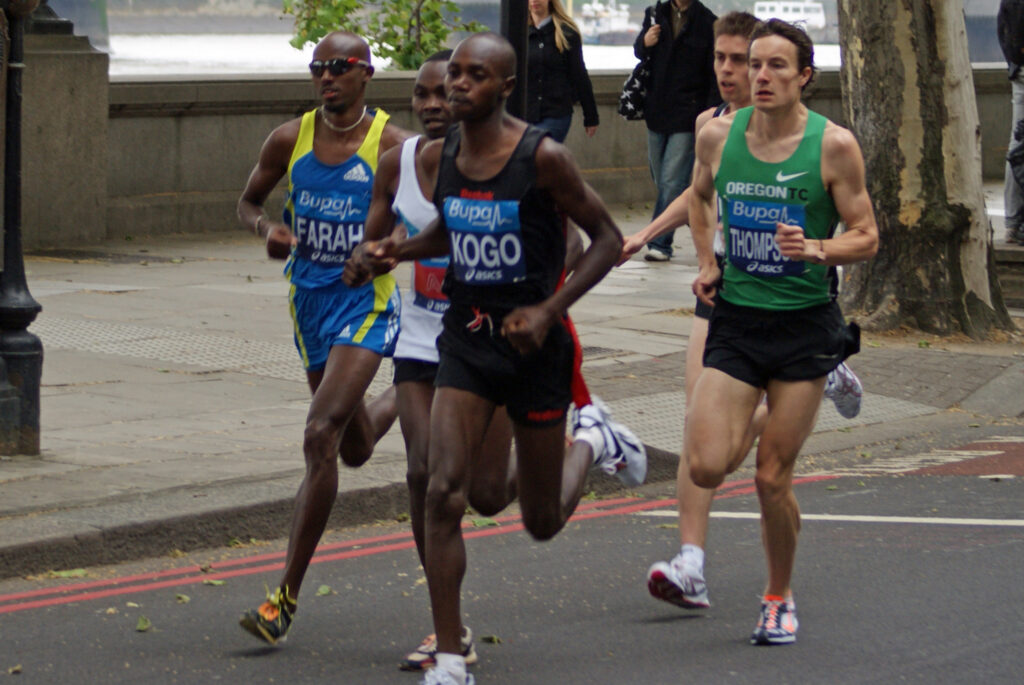 Elite marathon runners including Mo Farah competing in the 2010 Bupa London 10K road race