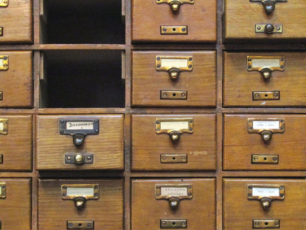 Wooden drawers of a card catalogue at the John Rylands Library in Manchester.