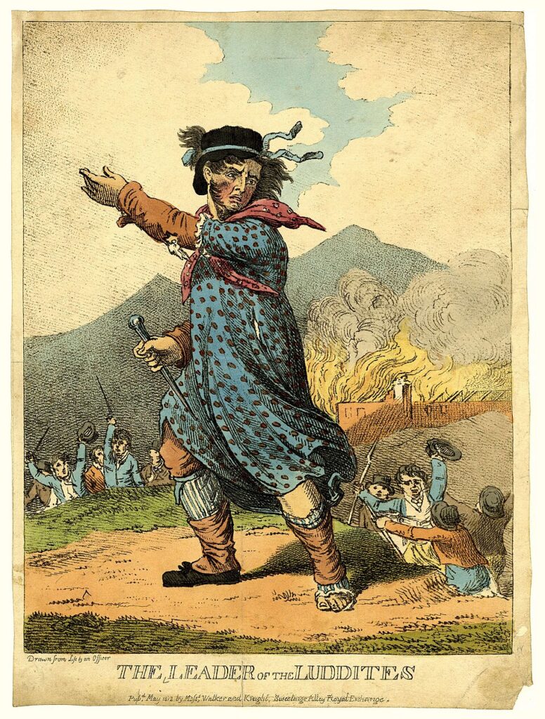 A hand-coloured 1812 etching showing a large figure in a long dress and bonnet standing above a group of small figures, with a mill burning in the background.